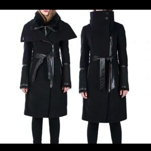 Mackage Black Trench Coat with Leather Details